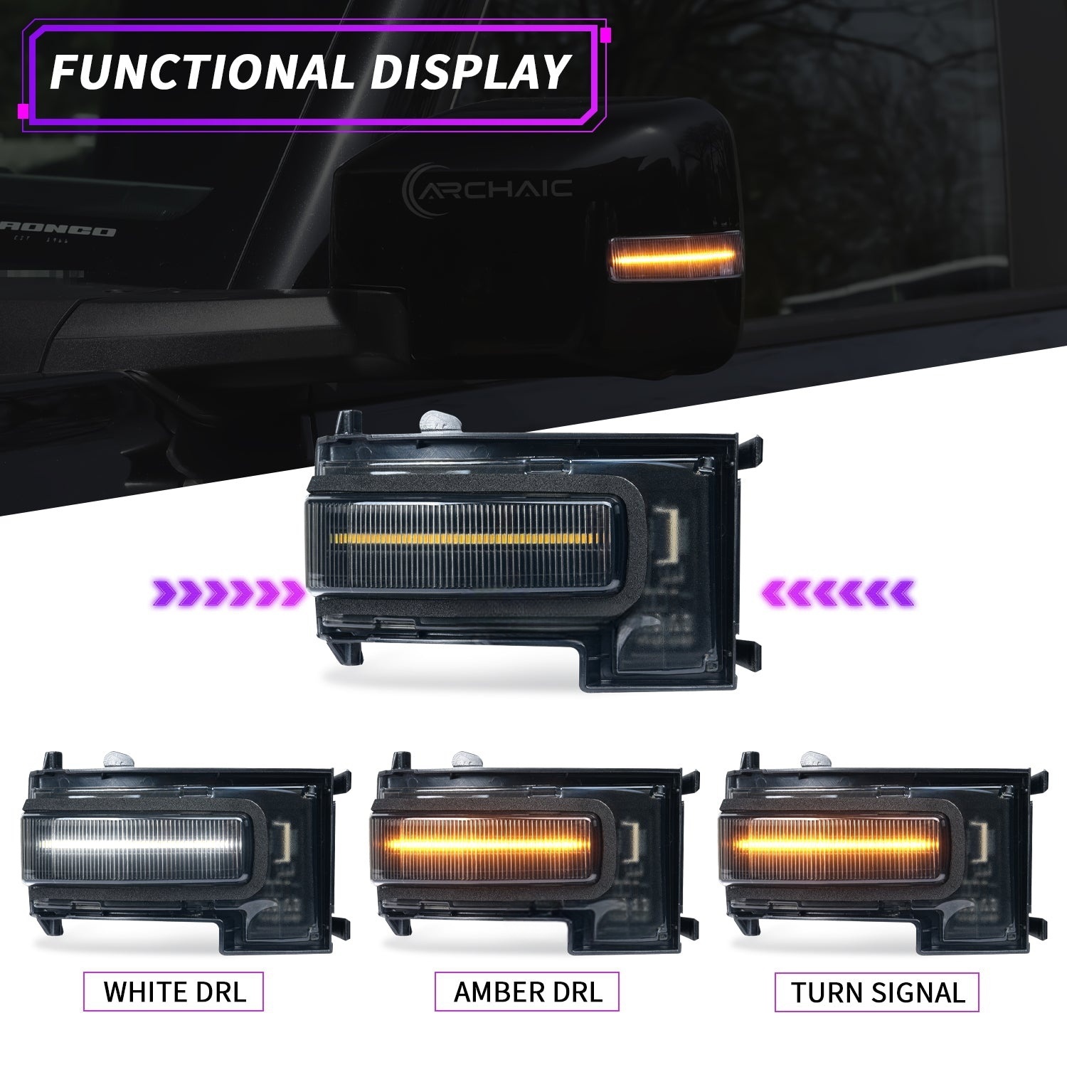 LED Mirror Lights for 2021-2025 Ford Bronco 2/4 Door,Warning Lamp w Animation - Image 4